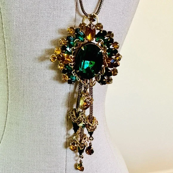 Vintage ANTIQUE Green PendantCrystal Tassel